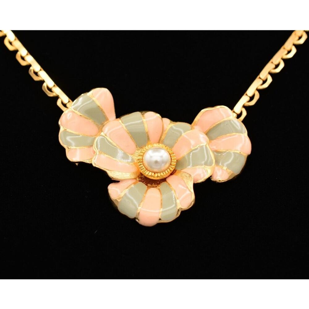 CRAFT Vintage Flower Collar Necklace Pink Enamel Pearl Gold Chain Signed NOS 80s